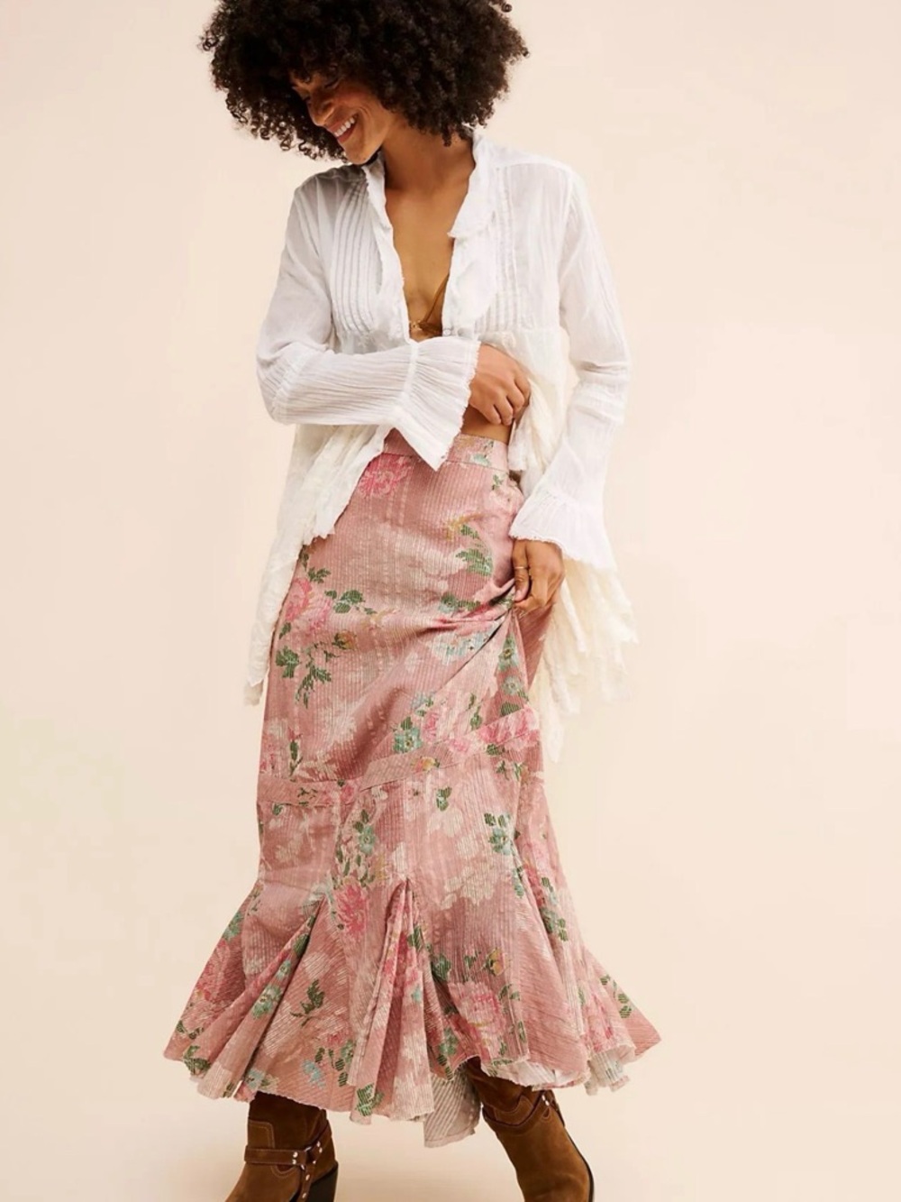 $148 Free People Pink Floral Maxi Skirt with Ruffle Hem